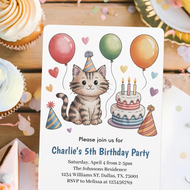 Invitation Fête d'anniversaire de chat pour enfants mignons (Créateur téléchargé)