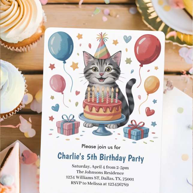 Invitation Fête d'anniversaire de chat pour enfants mignons (Créateur téléchargé)