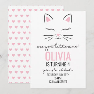 Invitation Fête d'anniversaire de chaton coeurs roses