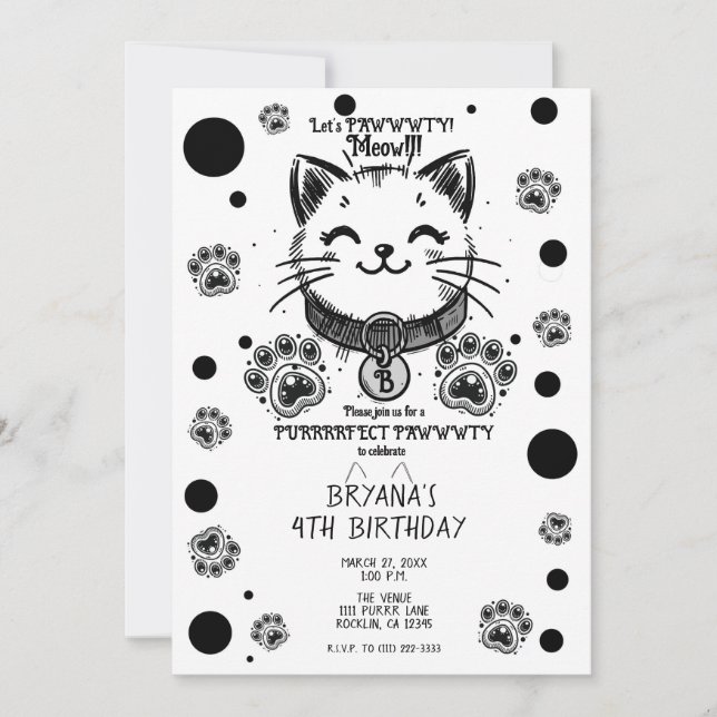 Invitation Fête d'anniversaire de chaton Kitty noir et blanc  (Devant)