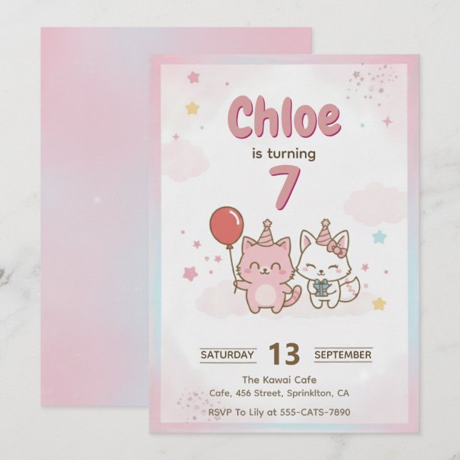 Invitation Fête d'anniversaire de chaton rose pour filles Mig (Devant / Derrière)