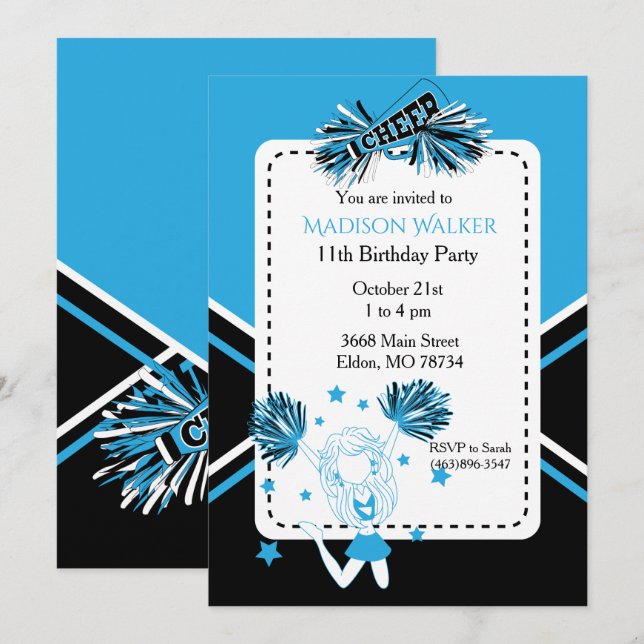 Invitation Fête d'anniversaire de cheerleader en bleu bébé (Devant / Derrière)