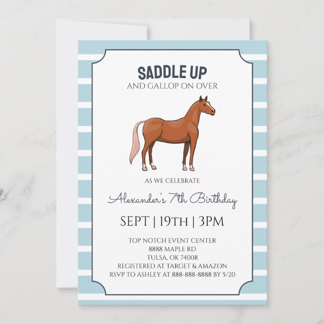 Invitation Fête d'anniversaire de cheval à rayures bleues (Devant)