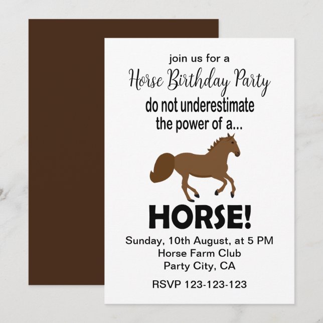 Invitation Fête d'anniversaire de cheval animal mignon drôle (Devant / Derrière)