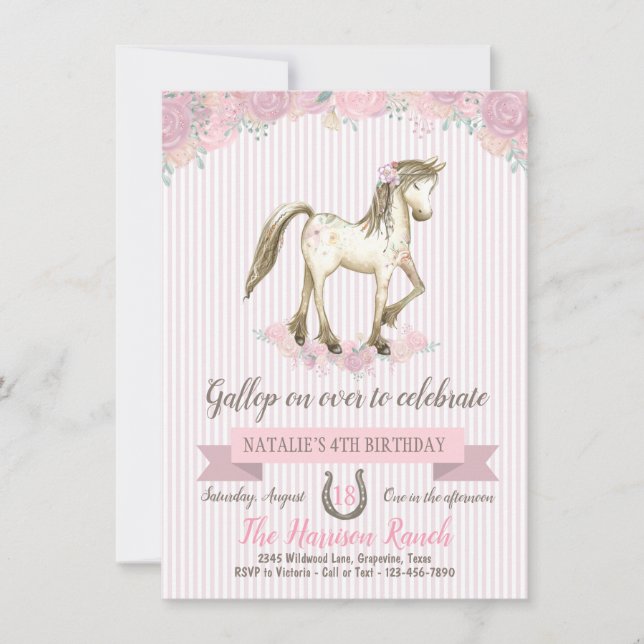 Invitation Fête d'anniversaire de cheval Filles Fête de poney (Devant)