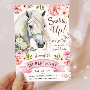 Invitation Fête d'anniversaire de cheval Filles Rose 1er Anni