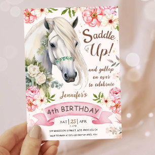 Invitation Fête d'anniversaire de cheval Filles Rose 4ème ann