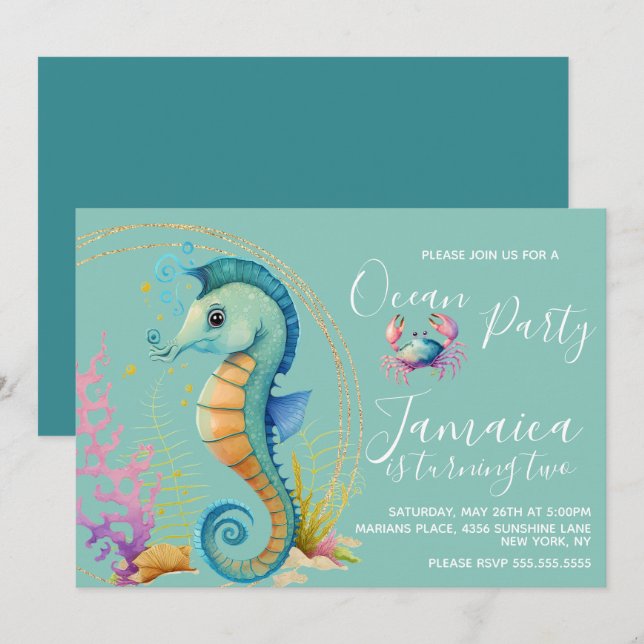 Invitation Fête d'anniversaire de cheval marin à l'aquarelle  (Devant / Derrière)