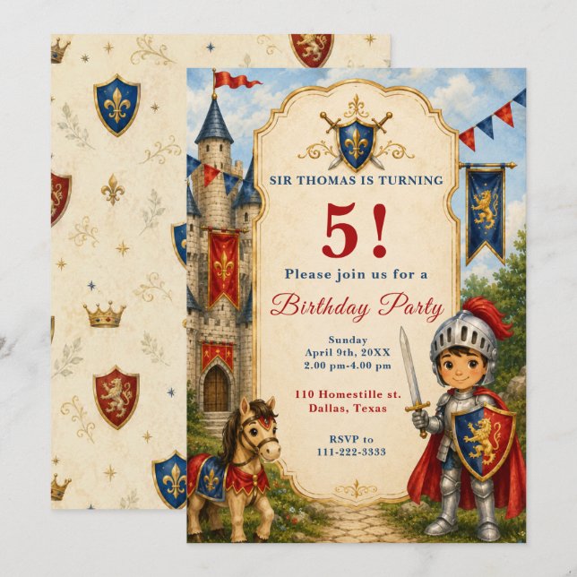 Invitation Fête d'anniversaire de Chevalier Médiéval 5 ans (Devant / Derrière)