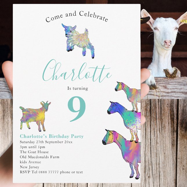 Invitation Fête d'anniversaire de chèvre pour les amoureux de (Cute goats colorful farm animals 9th birthday party invitation )
