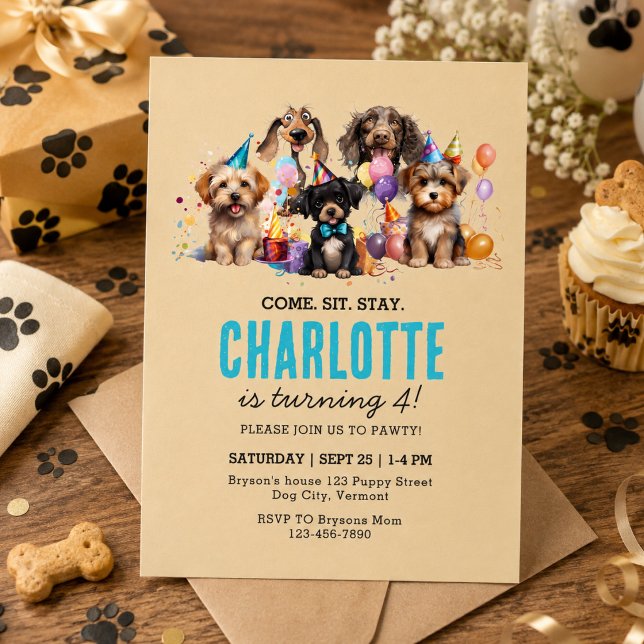 Invitation Fête d'anniversaire de chien chiot aquarelle (Watercolor Puppy Pawty Dog Birthday Invitation)