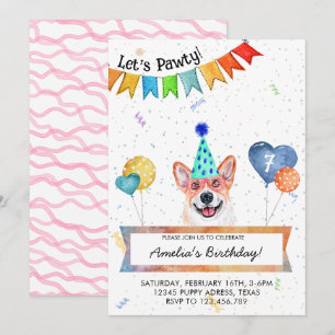Invitation Fête d'anniversaire de chien Corgi Lets Pawty