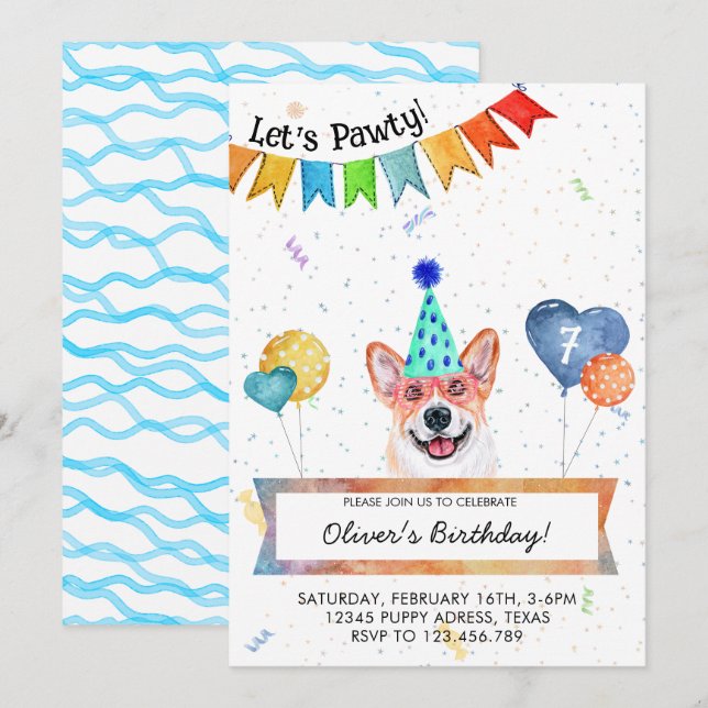 Invitation Fête d'anniversaire de chien Corgi Lets Pawty (Devant / Derrière)