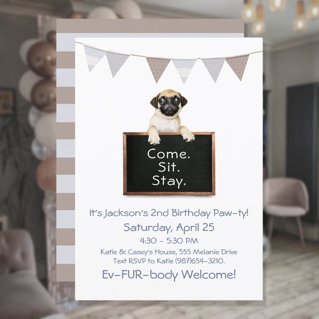Invitation Fête d'anniversaire de chien pour garçon Carlin (Créateur téléchargé)