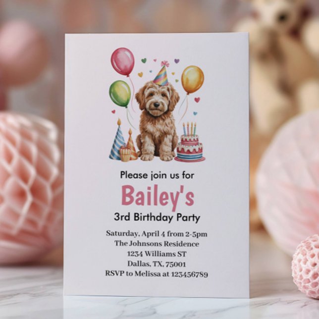 Invitation Fête d'anniversaire de chien rose pour filles mign (Créateur téléchargé)