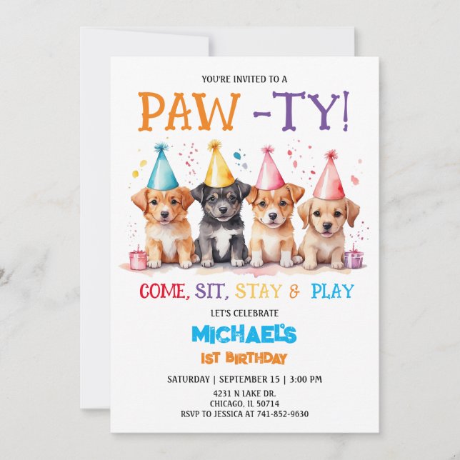 Invitation Fête d'anniversaire de chiot (Devant)