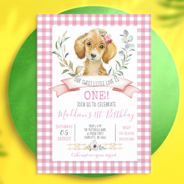 Invitation Fête d'anniversaire de chiot à carreaux roses (Créateur téléchargé)