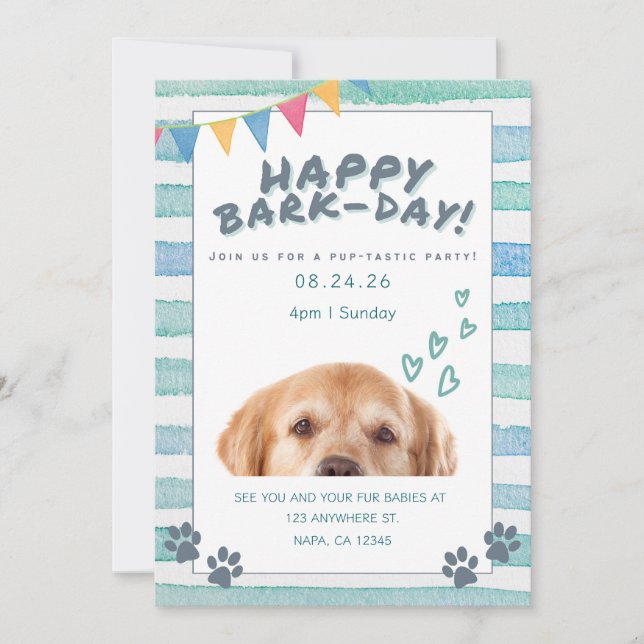 Invitation Fête d'anniversaire de chiot à l'aquarelle bleue e (Devant)