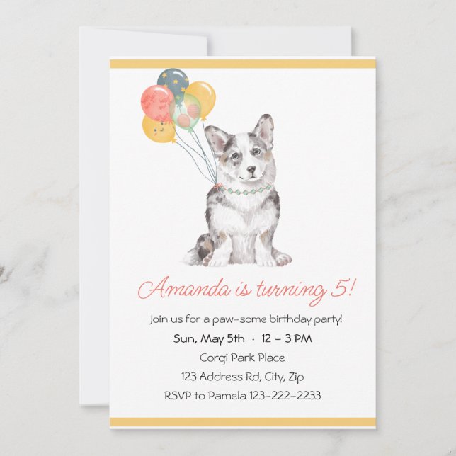 Invitation Fête d'anniversaire de chiot Corgi mignon (Devant)