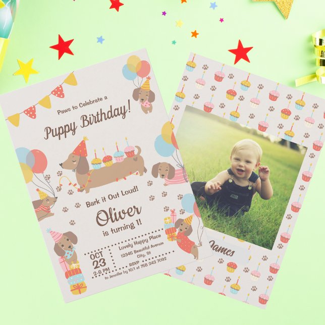 Invitation Fête d'anniversaire de chiots mignons dachshund  (Créateur téléchargé)