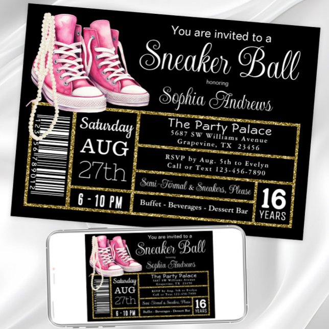 Invitation Fête d'anniversaire de Chucks et perles Sneaker Ba (Chucks and pearl any event sneaker invitation. Instant download and printed invitations available.)