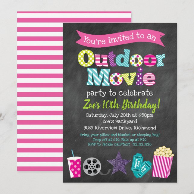 Invitation Fête d'anniversaire de cinéma extérieur (Filles) - (Devant / Derrière)