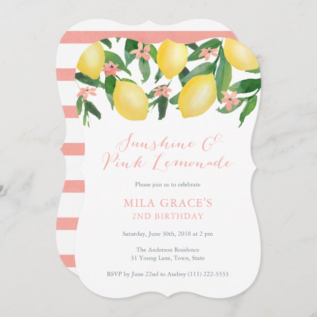 Invitation Fête d'anniversaire de citrons Fille Pink Lemonade (Devant / Derrière)