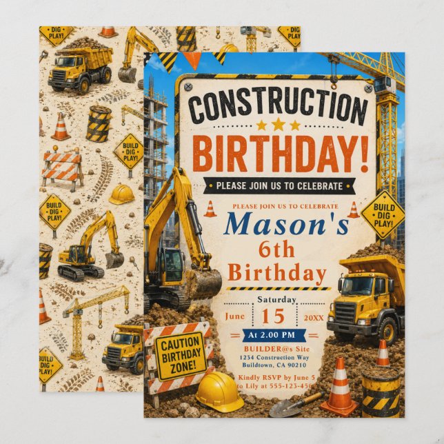 Invitation Fête d'anniversaire de construction (Devant / Derrière)