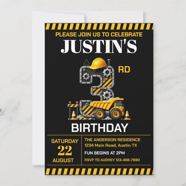 Invitation Fête d'anniversaire de Construction Mignonne 3 ans (Devant)