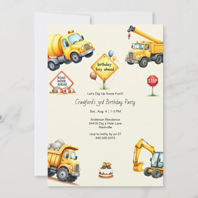 Invitation Fête d'anniversaire de construction pour garçon (Devant)