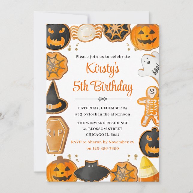 Invitation Fête d'anniversaire de cookies Halloween à l'aquar (Devant)