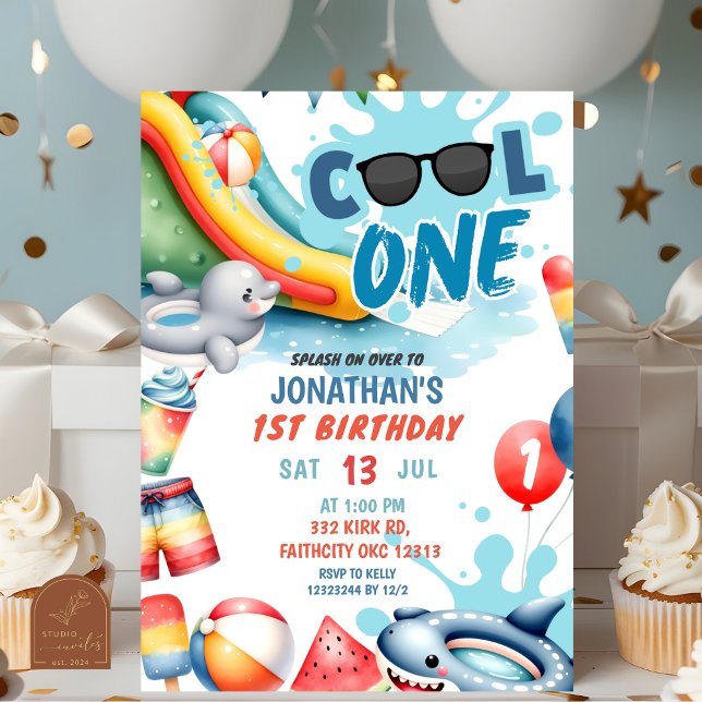 Invitation Fête d'anniversaire de Cool One Pool 1ère année (Créateur téléchargé)