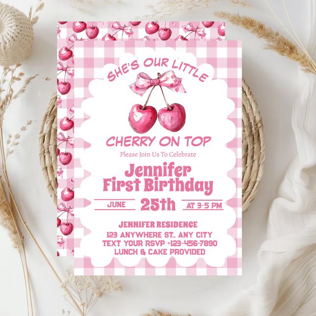 Invitation Fête d'anniversaire de Coquette Cherry On Top 1 an (Créateur téléchargé)