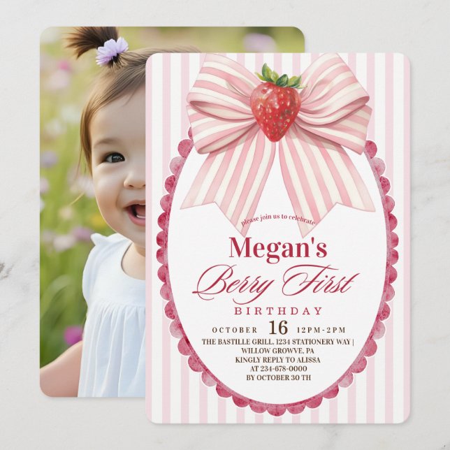 Invitation Fête d'anniversaire de Coquette Strawberry 1ère ba (Devant / Derrière)