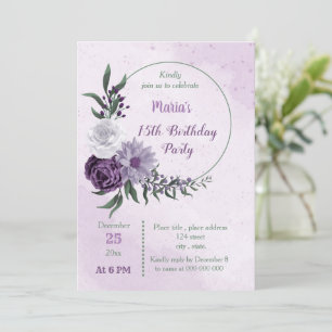 Invitation fête d'anniversaire de couronnes florales violette