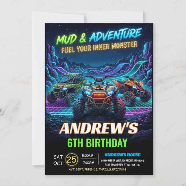 Invitation Fête d'anniversaire de course en VTT néon personne (Devant)