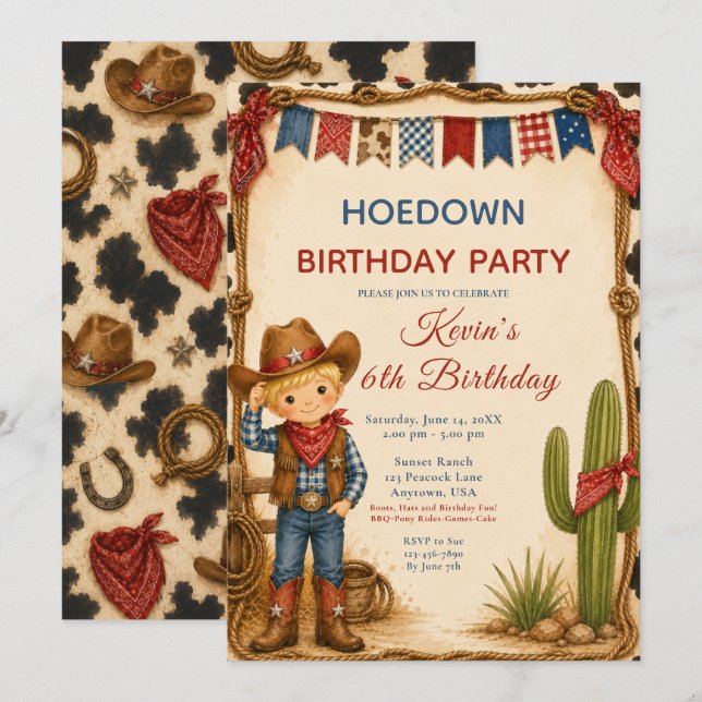 Invitation Fête d'anniversaire de cow-boy Hoedown (Devant / Derrière)