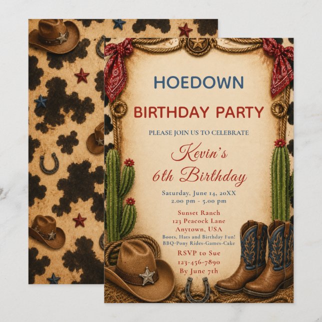Invitation Fête d'anniversaire de cow-boy Hoedown (Devant / Derrière)