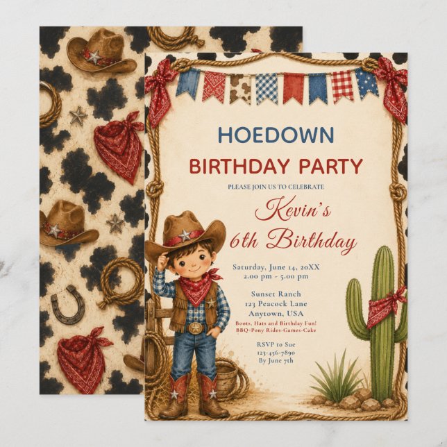 Invitation Fête d'anniversaire de cow-boy Hoedown (Devant / Derrière)