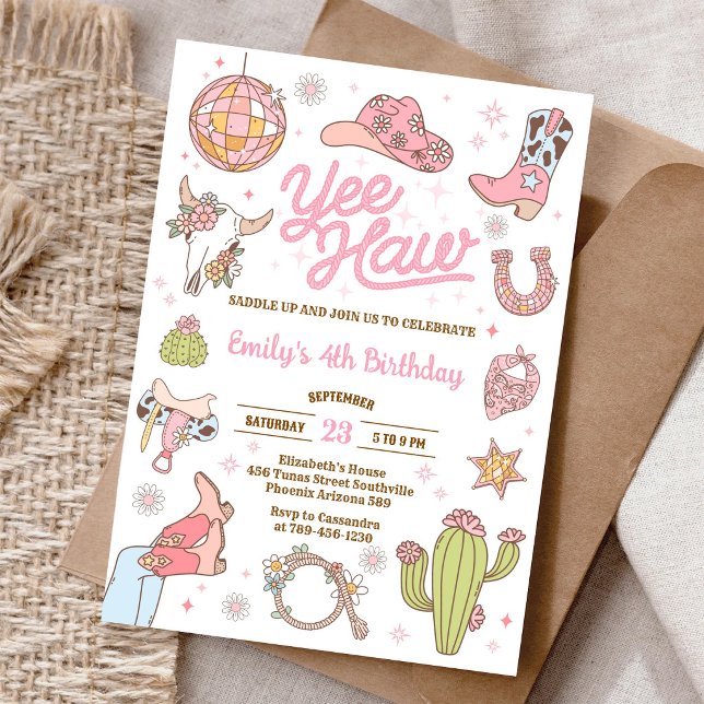 Invitation Fête d'anniversaire de cowgirl de l'espace Yee Haw (Créateur téléchargé)