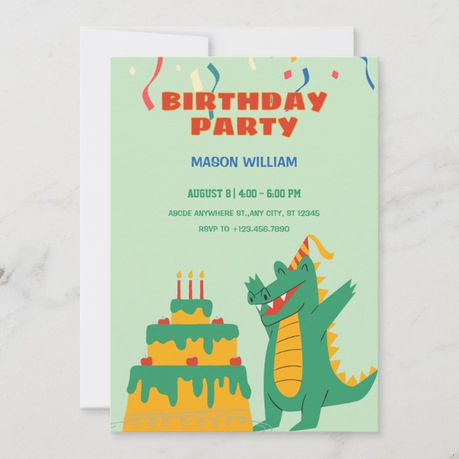 Invitation Fête d'anniversaire de crocodile vert (Devant)