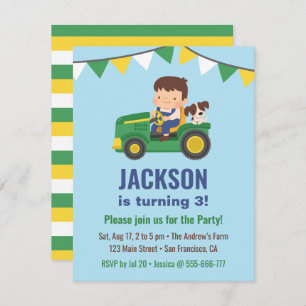 Invitation Fête d'anniversaire de Cube Boy and Dog On Tractor
