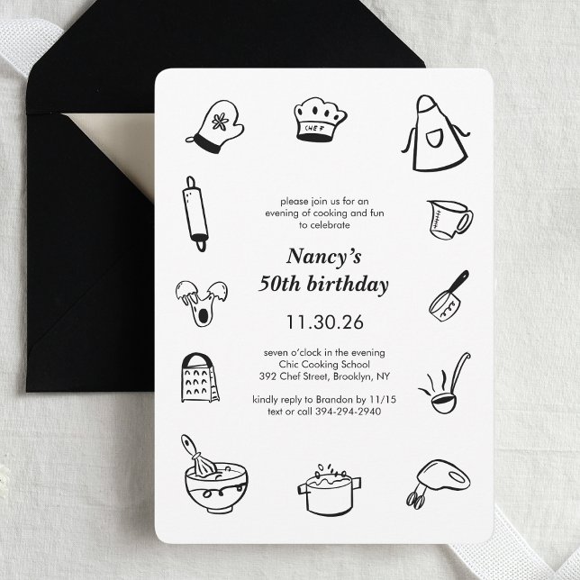 Invitation Fête d'anniversaire de cuisine Dessin à la main Ch (Créateur téléchargé)