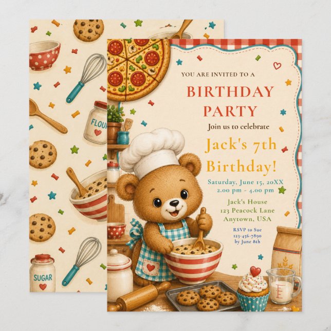 Invitation Fête d'anniversaire de cuisine Ours 7ème Anniversa (Devant / Derrière)