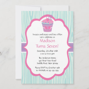 Invitation Fête d'anniversaire de Cupcake Girl Coute Pink & P