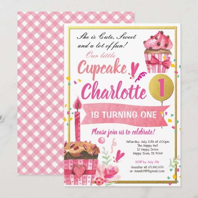 Invitation Fête d'anniversaire de Cupcake rose et or (Devant / Derrière)