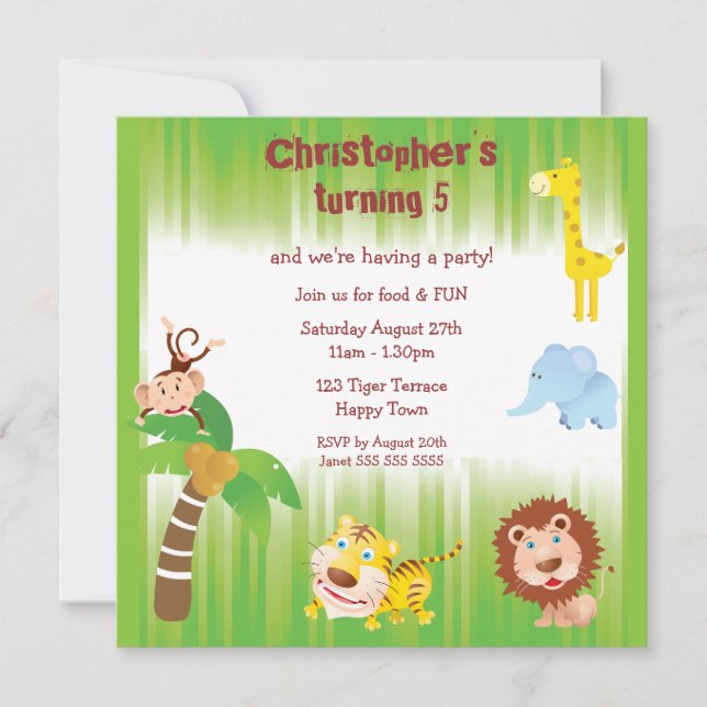 Invitation Fête d'anniversaire de Cute Jungle Animaux (Devant)