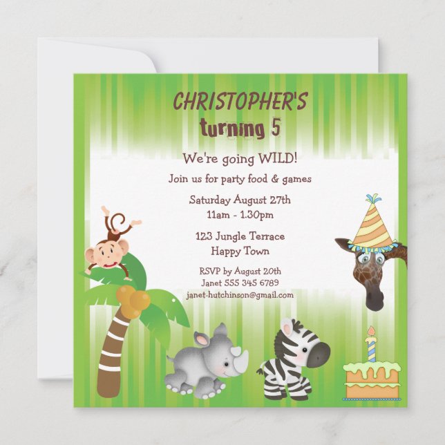Invitation Fête d'anniversaire de Cute Jungle Animaux (Devant)