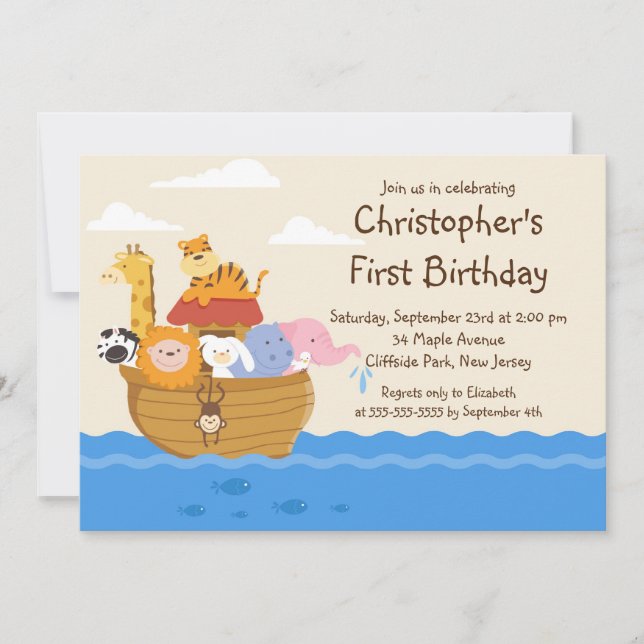 Invitation Fête d'anniversaire de Cute Noah's Ark Baby Animal (Devant)