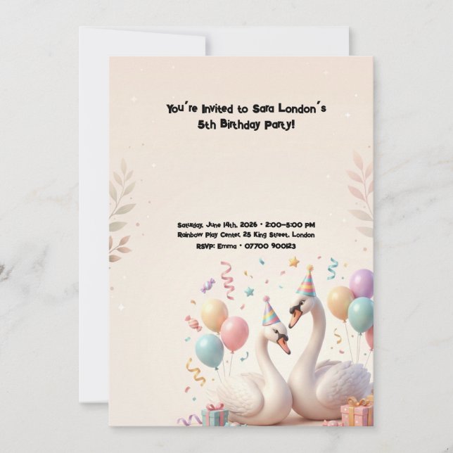 Invitation Fête d'anniversaire de Cygne Mignon (Devant)